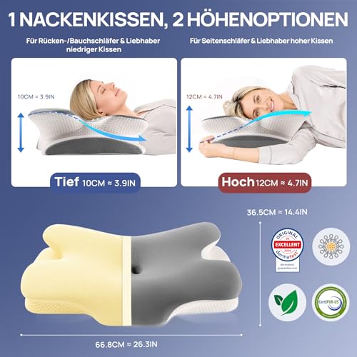 MULISOFT Neck Pillow, Memory Foam Pillow, Comfortable Pillow, Supportive Neck Pillow, Ergonomic Side Sleeper Pillow (Grey)