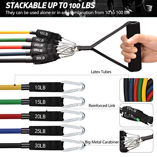 OMORC Resistance Bands Set, Exercise Bands with Handles, Door Anchor, Ankle Straps, Workout Band for Resistance Training, TRX, Aqua Aerobics, Physical Therapy, Stackable 100 lbs, 11Pcs