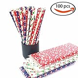 100 Pcs Biodegradable Christmas Paper Straws Striped Drinking Straws Polka Dot Straw for Christmas Birthday Wedding Thanksgiving Celebration Parties(Dots Stars Snows Hats, 7.8’’ tall)