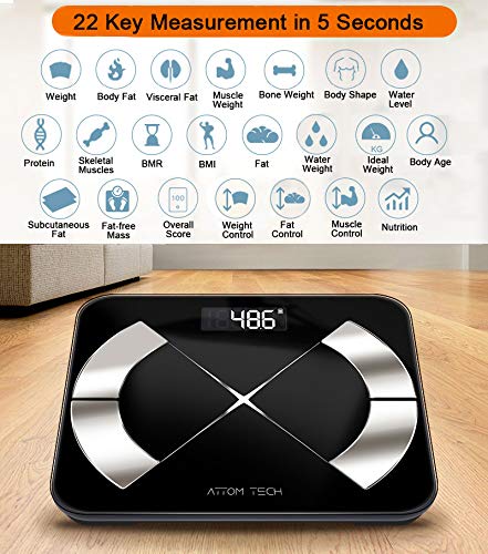 Body Fat Composition Scale,High Accuracy Step-on Bluetooth with Free APP for iOS and Android,Attom Tech Body Composition Monitor including BMI,Body Fat, Muscle Mass,Water Weight,Bone Mass,Visceral Fat