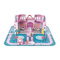 Janod Enchanted Castle Princess Palace Playset with Carrying Case-Colorful 2 - Level Castle with Reversible Puzzle Play Mat and 28 Accessories - Encourages Kids to Imagine, Invent and Create-Ages 4+