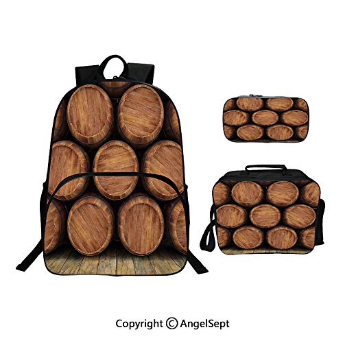 Fashion Casual School Student Backpack,Wall of Wooden Barrels Wine Stack Storage Gallon Antique Vintage Container Rustic Design Brown,Lightweight Daypack With Lunch Bag And Pencil Case For Girls