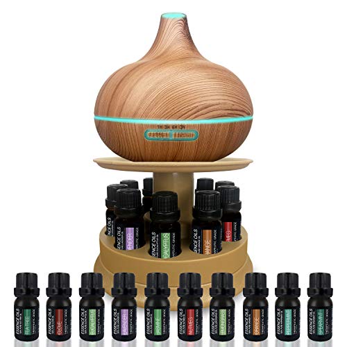 Ultimate Aromatherapy Ultrasonic 300ml Diffuser & Top 10 Therapeutic Grade Essential Oils Set w/Rotating Display Stand – 4 Timer & 7 Ambient Light Settings