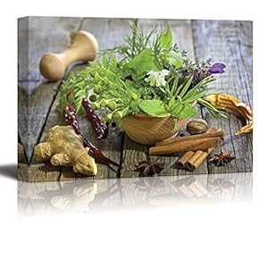 Still Life Closeup of Fresh Herbs and Spices on Vintage Wooden Boards - Canvas Art Wall Art - 12" x 18"