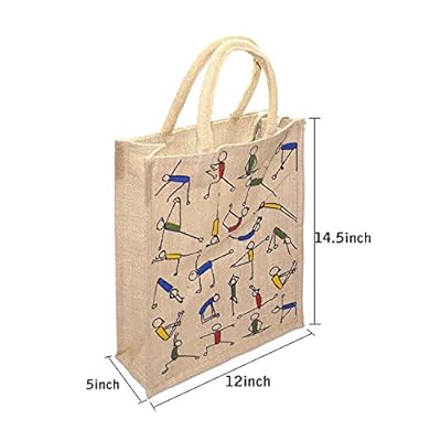 SNDIA Eco-Friendly Jute Bag, 2 pk Yoga Printed Tiffin/Shopping/Grocery Hand Bag with Zip &