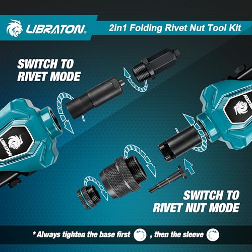 LIBRATON 2 in 1 Folding Threaded Insert Rivet Pliers, 7 Mandrels (M3-M12) & 5 Bits (2.4-6.4mm), Includes 70 Crimp Nuts and 200 Pop Rivets, Powerful Manual Tool for Auto and DIY