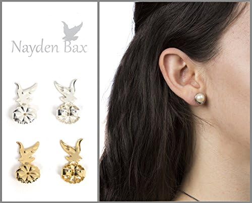 Nayden Bax Earring Lifters Backs - 2 Pairs of Adjustable Earring Lifts - 1 Pair of Sterling Silver Plated and 1 Pair of 18K Gold Plated