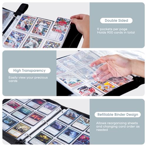ProCase 900 Pockets Card Binder with Clear Window for Trading Cards, 9 Double Sided Pockets Cards Colletction Album Holder with Removable Sleeves for MTG, TCG, Sports Cards, Football Cards -Black