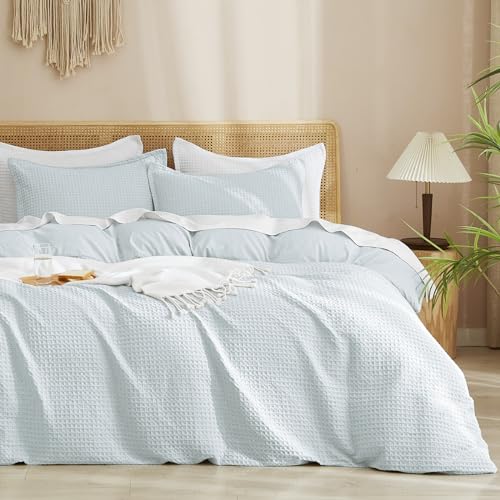 PHF Waffle Weave Duvet Cover Set Queen Size, 3 Piece Ultra Soft Breathable Durable Comforter Cover for All Season, Waffle Textured Duvet Set with 2 Pillow Shams Bedding Collection, 90"x90", Ice Blue