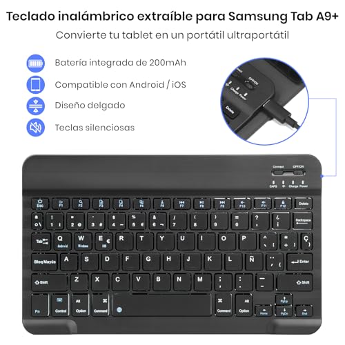 Case with Keyboard for Samsung Galaxy Tab A9+/A11+ 11 Inch 2023/2025, [Spanish] Keyboard Tablet Galaxy A11+ Protective Case, Detachable Pencil Holder Keyboard for Samsung A11 Plus Tablet (Black)