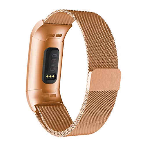 MoreToys Compatible Fitbit Charge 3 Band, Milanese Replacement Accessory Sport Wristband Watch Strap Bracelet Fitbit Charge 3 Fitness Tracker (Small, Rose Gold)