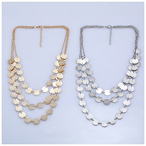 Spiritlele 3 Layers Sequins Disc Choker Coins Chunky Statement Necklace For Women Silver