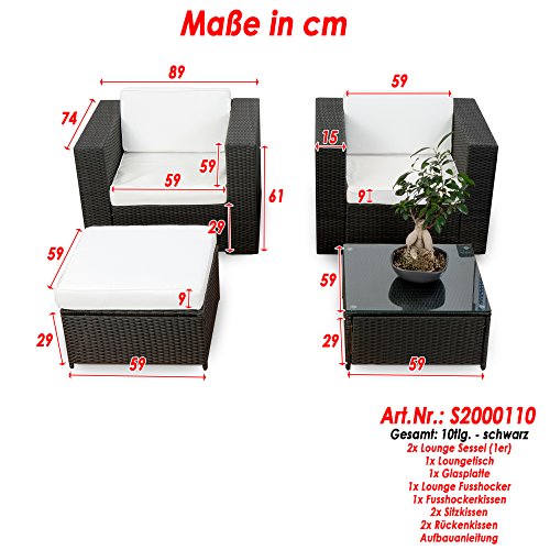 XXL Balkon Lounge Set für Balkon und Terrase erweiterbar - Polyrattan Balkon Lounge Set - schwarz – Gartenmöbel Lounge Möbel Set Garnitur - Gartenlounge Set + Lounge Sessel + Hocker + Tisch + Kissen – Bild 3