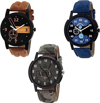 Analogue Multicolor Dial Watch For Men & Women Black, Blue & Brown (Pack of 3)