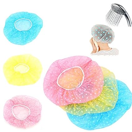 CONNECTWIDE Polka Dot Fancy Shower Caps, Waterproof Plastic Bath Cap Bathing Hair Cap Salon Hat for Kids Adults, Lady Salon Spa with Elastic Band (One Size Fits All)- Assorted (Set of 9)