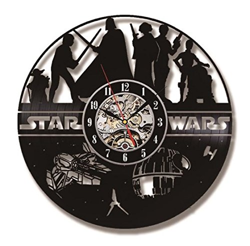 Star Wars Vinyl Record Wall Clock of Black Death Star and Characters Darth Vader Luke Skywalker Princess Leia Han Solo and Yoda