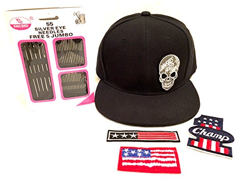 Snapback Sewing artist starter art pack, 5pc, sewing kit you get 4 cool, American flag USA ,Skull patch and 1 sewing needle kit, customize and design ur own fashion style easy all u need to start