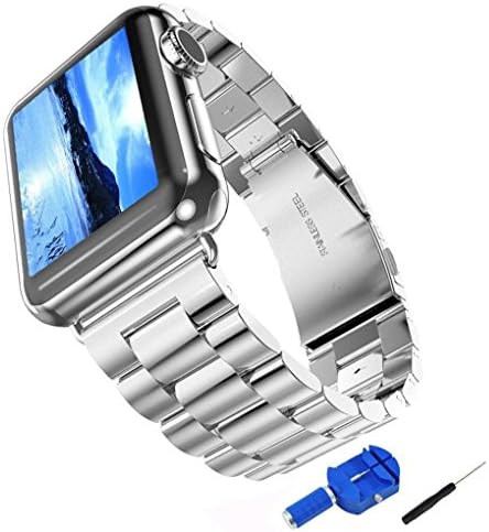 Apple Watch Band, NEXCEO 42mm Stainless Steel Replacement Link Bracelet Strap Classic iWatch Wristband with Double Button Folding Clasp for Apple Watch (42mm Silver)