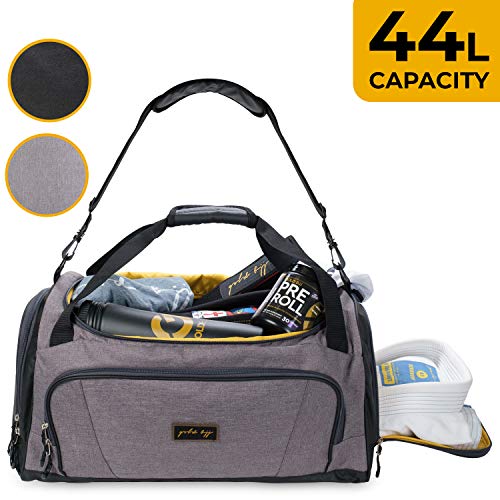 Gold BJJ Jiu Jitsu Duffle Bag - Waterproof Pocket for Sweaty Gi, Rashguard, or Shoes - The Perfect Duffel Bag for Martial Arts Gear, Boxing, MMA, and More