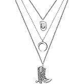 3 Pcs Boho Layered Western Cowgirl Necklaces for Women,Hat Bull Head Moon Crescent Cowboy Boot Charm Pendant Necklace,Country Concert Accessories Outfits Silver Jewelry for Women