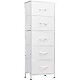 WLIVE Fabric Dresser, 5-Drawer Tall Dressers for Bedroom, Storage Dresser Organizer with Fabric Bins, Wood Top, Sturdy Steel Frame, Chest of Drawers for Closet, Hallway, White