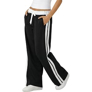 Fisoew Womens Wide Leg Sweatpants Y2K Baggy Striped Track Pants Streetwear | Fold Over Waist, Drawstring, High Waisted, Pocke