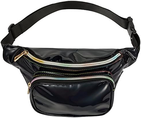 FZGJ Fanny Pack-PU Waterproof Rave Festival Hologram Travel Waist Bag (Black-02)