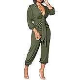 Xinlees Women's Elegant Jumpsuit Casual Long Sleeve Solid Straight Trousers Business Romper Stretchy Ankle Cuffs