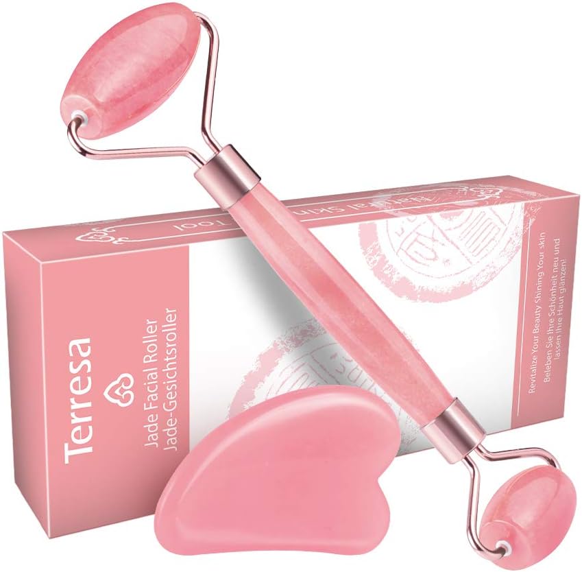 Jade Roller for Face, Terresa Rose Quartz Roller with Gua Sha Scraping Tool, Eye Treatment Roller Natural Anti-aging, Skin Tightening, Rejuvenate Face and Neck, Remove Wrinkles & Puffiness (Rose)