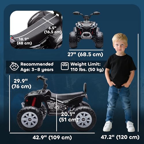 Qaba 24V Kids ATV, 2-Seater Ride On Car for Kids, Battery Powered Electric Quad with 4 Suspension Wheels, High/Low Speeds, Music, Headlights, for Boys and Girls, Black