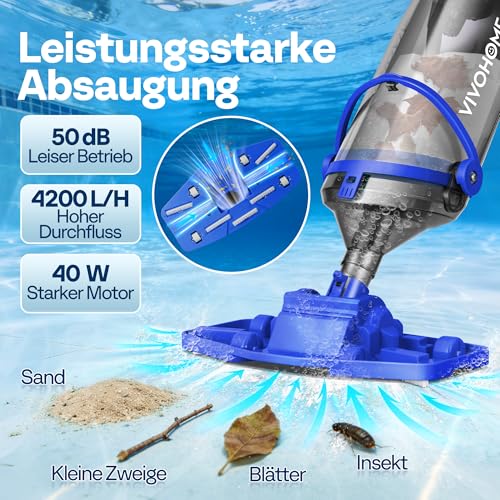 VIVOHOME 4200LPH Pool Vacuum Cleaner Battery with 278 cm Extension Pole Pool Vacuum Cleaner with 4 Filter Bags Portable Pool Cleaner with Operating Time up to 60 Minutes for Swimming Pools Hot Tubs