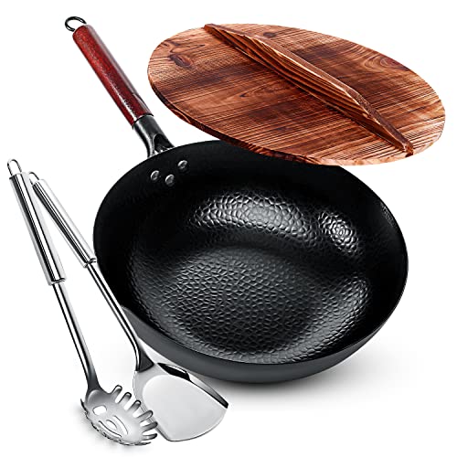 Homeries Wok Pan 12.8" Woks and Stir Fry Pans, Carbon Steel Wok with