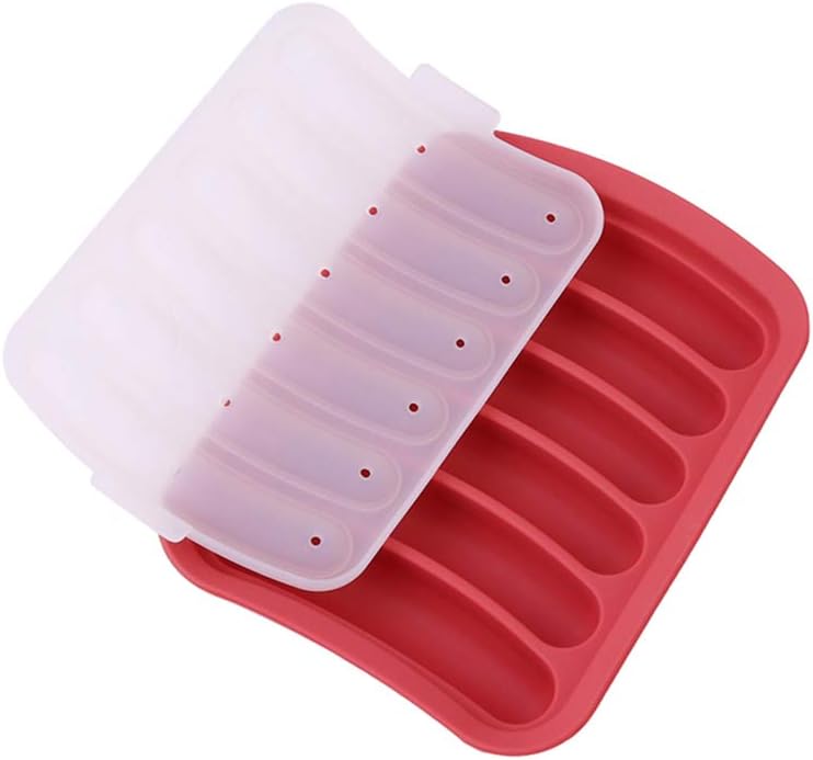 CuiXiang 6 in 1 Cavity Sausage Hot Dog Silicone Mold, Multi-Purpose, Sturdy, Durable, Antirust, Wear-Resistant, Suitable for Steamer, Oven, Microwave, Refrigerator, Red