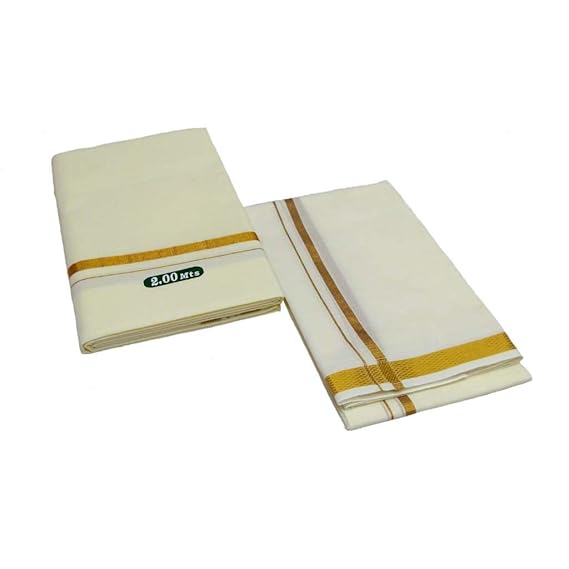 Cotton Cool Gold Jari Border Cotton Dhoti 2 Mts + Angavastam 2 Mts Set Colour:Cream