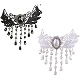 Jilukibo 2 Pack Black White Droplet Elegant Vintage Princess Lace Gothic Statement Necklace Bracelet Victorian Tassel Flower Choker Pendant Vampire Neck Chain