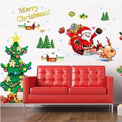 Wishwonderway Merry Christmas Tree Santa Claus Decoration Removable Mural Wall Stickers Cupboard Decal for Christmas Shop Room Decor