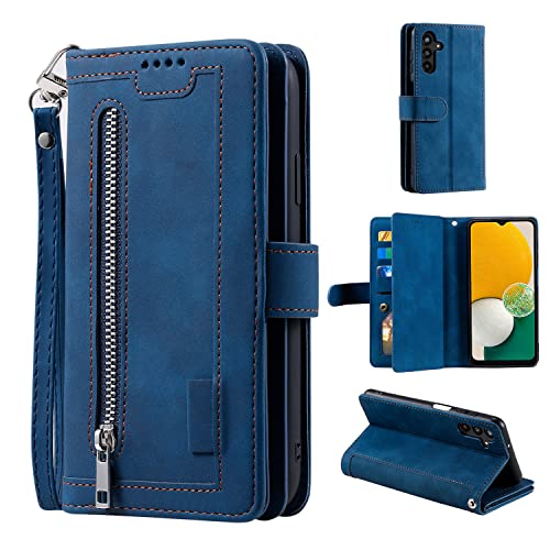 EYZUTAK Schutzhülle für Samsung Galaxy A54 5G, Retro-Stil, matt, 9 Kartenfächer, Reißverschlussfach, PU-Leder, Magnetverschluss, Ständer mit Handschlaufe, Folio-Klapphülle – Blau