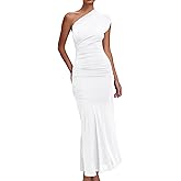 Memoriesea Women's Elegant One Shoulder Sleeveless Ruched Bodycon Cocktail Party Midi Dress