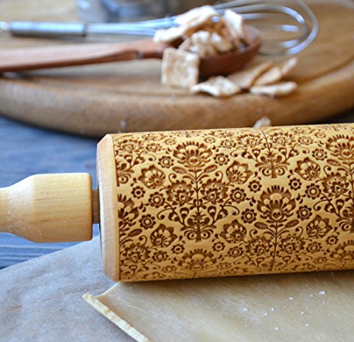 Folk Flowery Damask pattern Wooden Personalized Engraved Rolling pin - By Enjoy The Wood - Rolling Pin engraved Sugar Cookies Gift for Her - Thumbnail 3