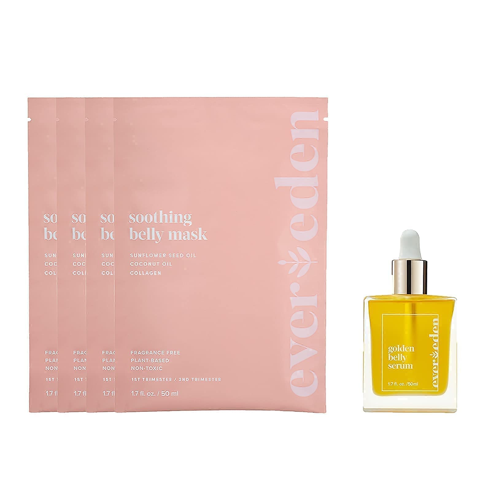 Golden Belly Serum, 1.7 fl oz. & Soothing Belly Mask for Stretch Marks - 1st/2nd Trimester Size, 4 pack | 2 Item Bundle Set | Natural and Clean Pregnancy Skincare