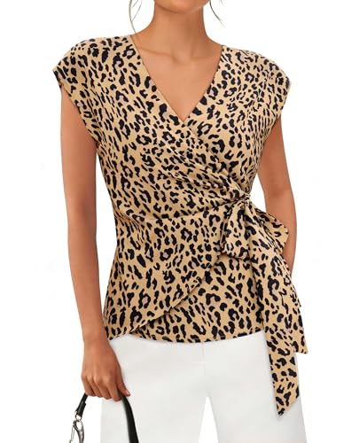 Leopard Womens Wrap Blouse Dressy Casual V Neck Cap Sleeve Ruched Tops 2026 at Amazon