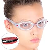 Clear Swimming Goggles + Exclusive Design Case ● Optical Grade Polycarbonate Lenses with Anti Fog Technology and UV Protection ~ Best for Swim Workouts or Open Water Activities (White&Red)