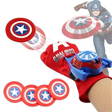 HT TOYS DC Justice League Superhero Captain America Cosplay Glove with Flashing and Sound,Kids Toy Captain America Glove Launcher with 4 Frisbee