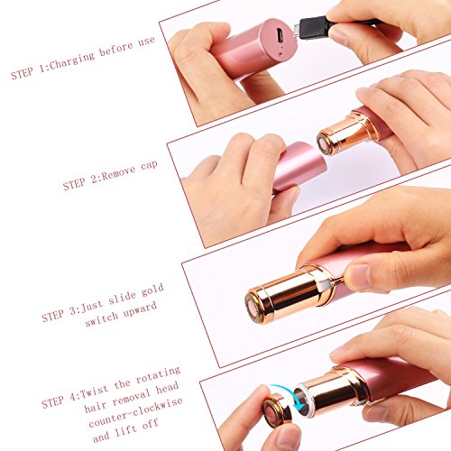 Facial Hair Removal for Women, Elenest Painless Facial Epilator with LED Light USB Charging Cable for Face Lip Chin and Cheek Hair (Rose Gold) - Thumbnail 2