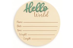 KEMINA BLANKETS Baby Announcement Sign – 6” Wooden Hello World Newborn Name Sign, Hospital Birth Stat Plaque, Gender-Neutral Welcome Baby Keepsake, Personalized Photo Prop for Boys & Girls, Newborn Gift (Green)