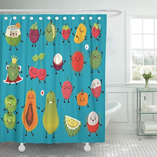 Emvency Fabric Shower Curtain Curtains with Hooks Vintage Food with Coconut Mangosteen Durian Strawberry Mango Cherry Rambutan Cabbage Papaya Lychee Pumpkin 72"X72" Waterproof Decorative Bathroom