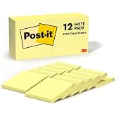 Post-it Notes, 3 x 3 in, The Iconic Canary Yellow Note, 12 Pads | School Supplies and Office Products