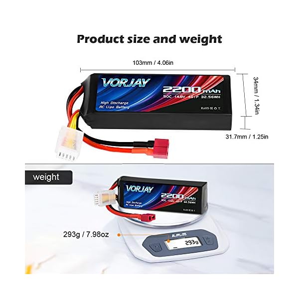 VORJAY 4S 14,8V Lipo RC Akku 50C 2200mAh Lipo Batterien mit Deans T und XT60 Stecker Batterie für RC LKW, RC Flugzeug… – Bild 6