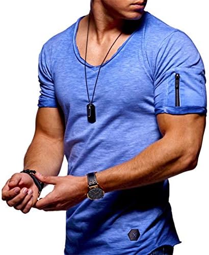 TRENTON Men T-Shirts, Solid Color Zipper Short Sleeve V Neck Plus Size Summer T-Shirt Basic Tops Blue M