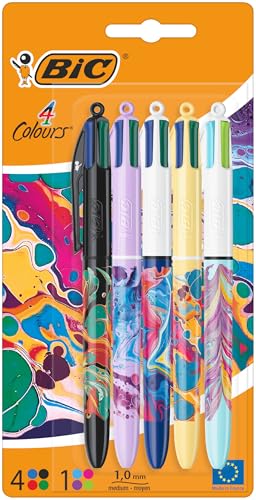 BIC 4 Colours Pens All In One, Multi Coloured Pens All In One, Retractable Ballpoint Pens, Medium 1.0mm, Green, Blue, Red, Black, 5 Pens Per Pack, 1 Pack